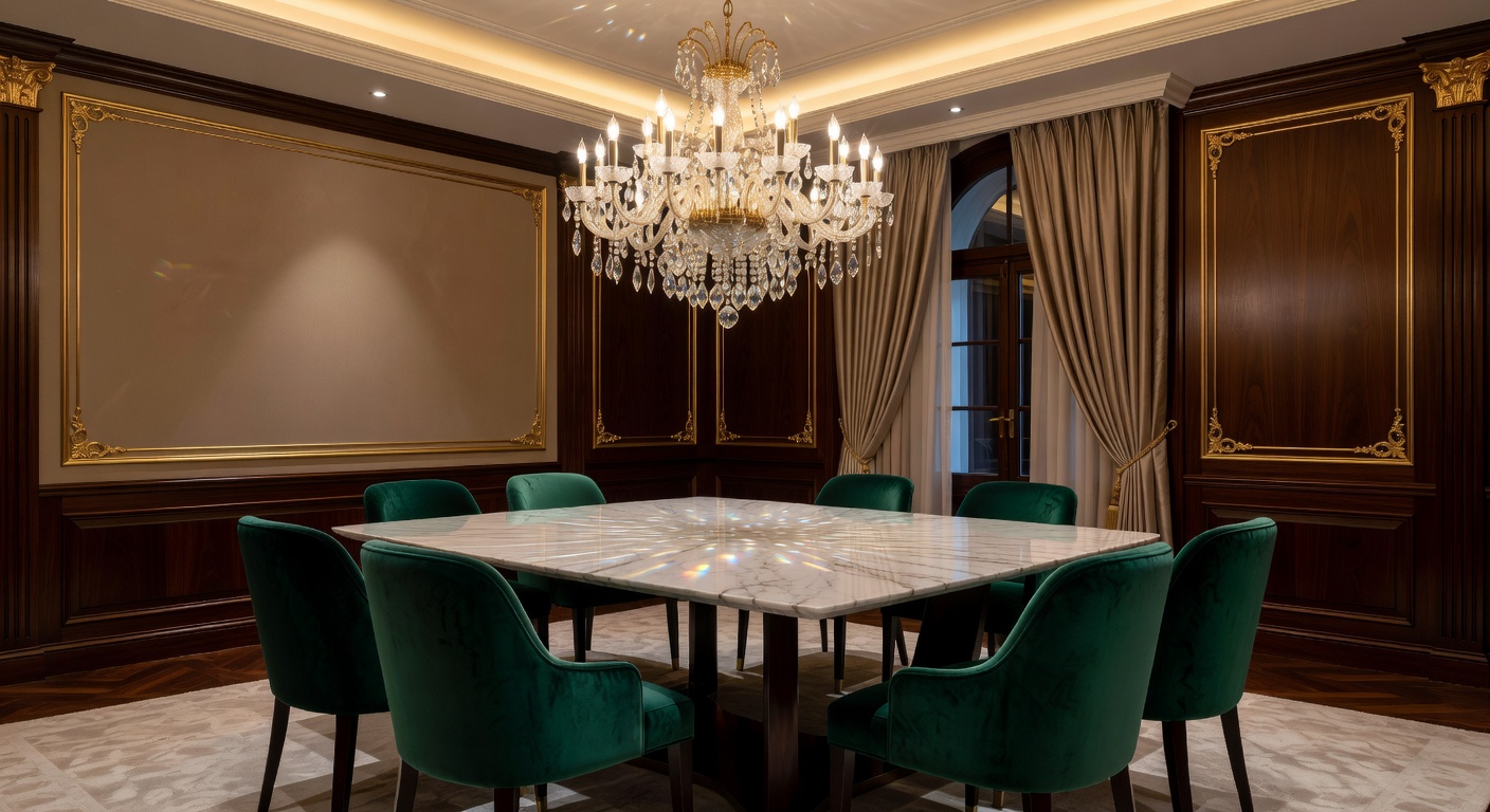Mesa de mármol con sillas de terciopelo — Colección Comedor Deco